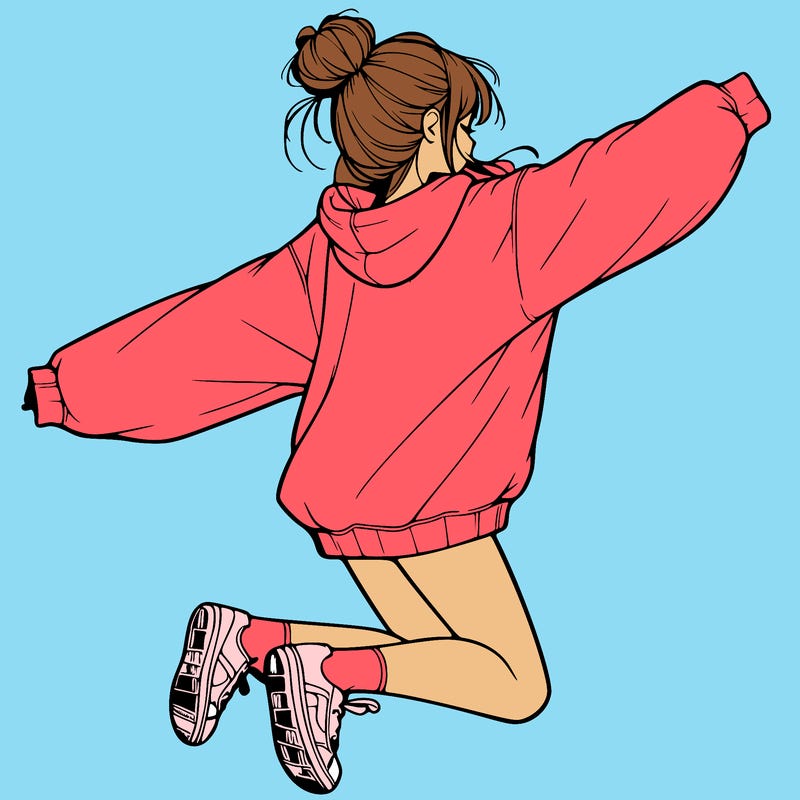 realistic girl jumping with a bun and oversized sweatshirt