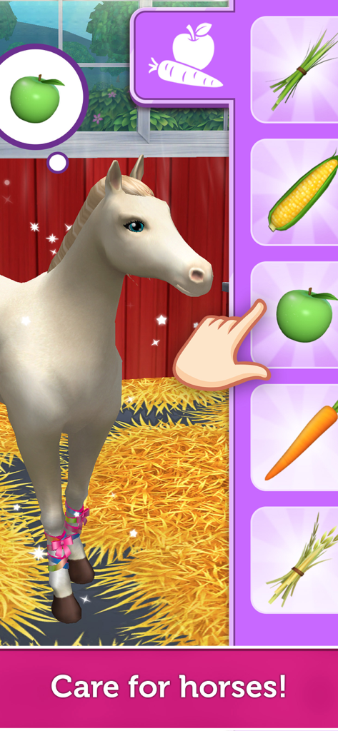 Barbie Dreamhouse Adventures - Um cavalo branco sendo alimentado com uma maçã verde em um minijogo de estábulo.