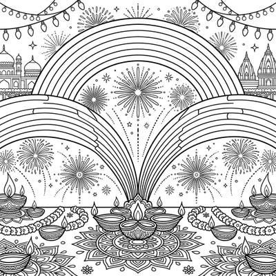 Dive into the festive spirit with this unique coloring page featuring the rare beauty of twinned rainbows. Celebrate Diwali by bringing vibrant life to intricate diyas, sparkling fireworks, and elegant rangoli designs.