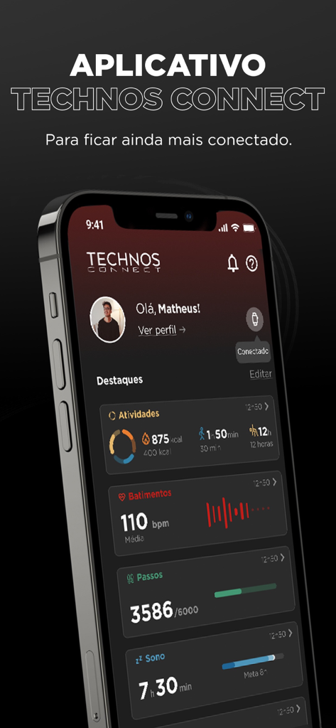 Smartphone screen displaying Technos Connect app with health tracking data including steps heart rate and sleep