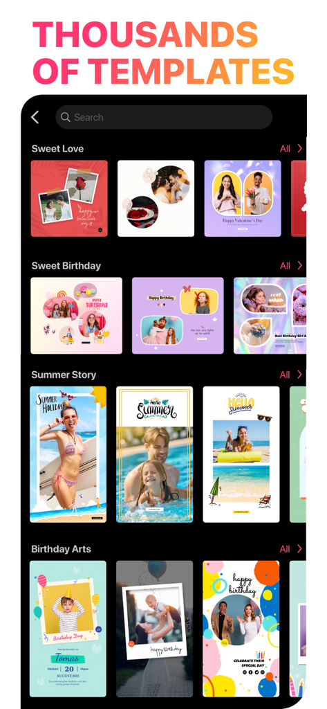 A wide selection of themed photo collage and poster templates within the app library