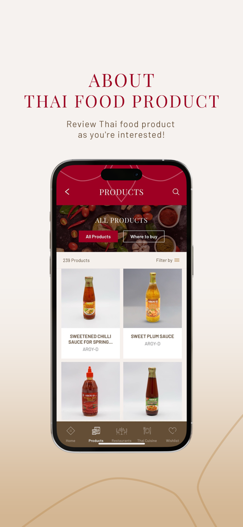 タイSELECTアプリの製品セクションを表示するスマートフォン画面。本格的なタイのソースや調味料のカタログが含まれています。