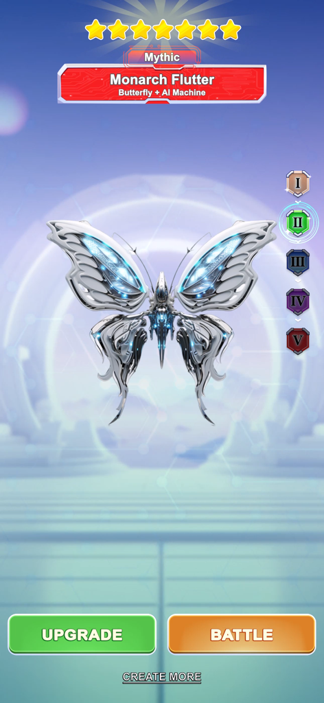 AI Robot Fusion Forge - Un robot mariposa metálico llamado Monarch Flutter creado por fusión de IA