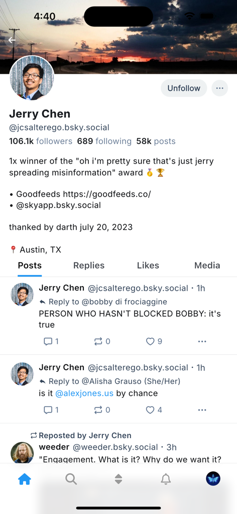 Boost Blue for Bluesky - Interfaz de perfil de usuario en la aplicación Boost Blue para Bluesky que muestra publicaciones y recuentos de seguidores