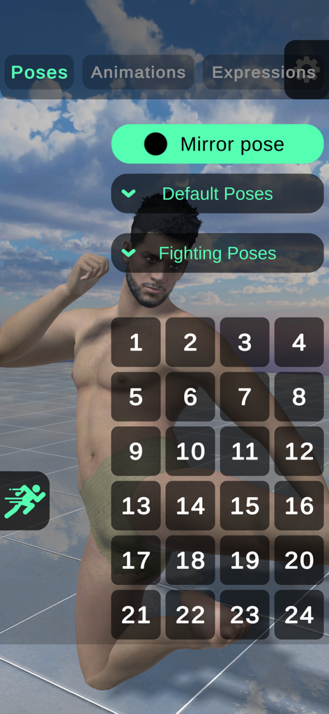 A 3D male model in a kneeling fighting pose within the Pro Poser app interface