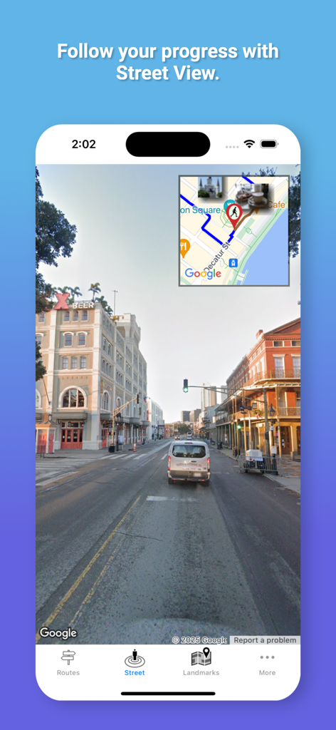 Remote Walk: Virtual Walking - A screenshot of the Remote Walk app showing the virtual walking progress using Google Street View integration.