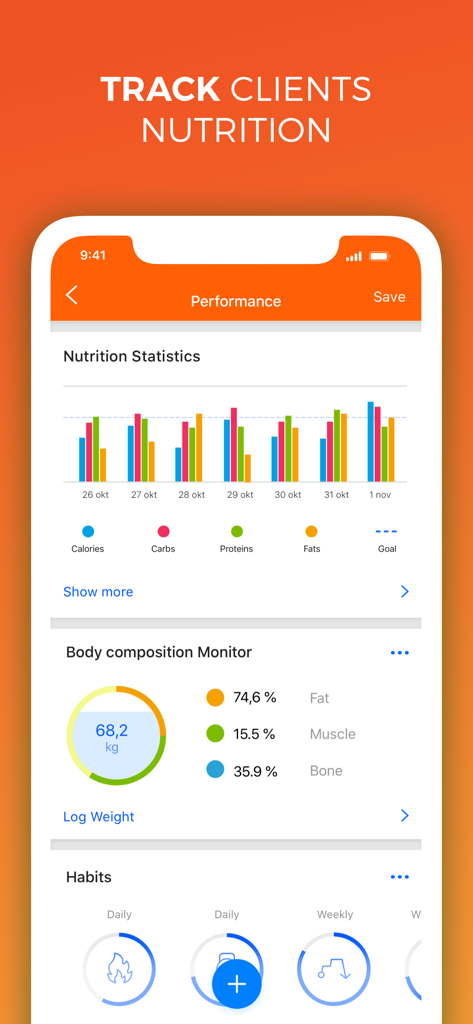 Interfaz de la aplicación Virtuagym Coach mostrando estadísticas de nutrición del cliente y datos de composición corporal