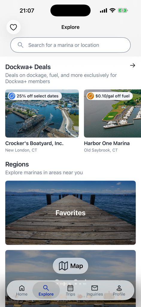 Dockwa app explore screen showing marina deals and search options