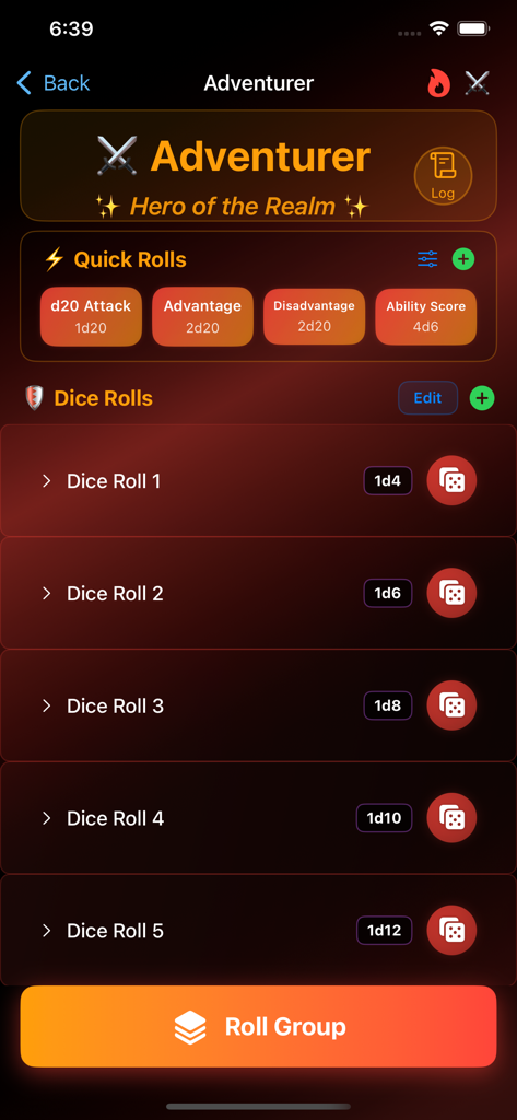 Legend Roller app dashboard featuring quick dice roll presets and a custom adventurer theme.