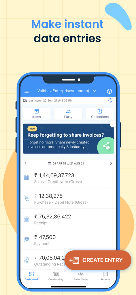Biz Analyst App for Tally User - Aplicación móvil Biz Analyst mostrando entradas financieras del negocio y un botón para crear nuevas entradas.