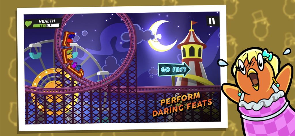 Duck Life 8: Adventure - Ducks riding a roller coaster at night in a Duck Life 8 Adventure mini game