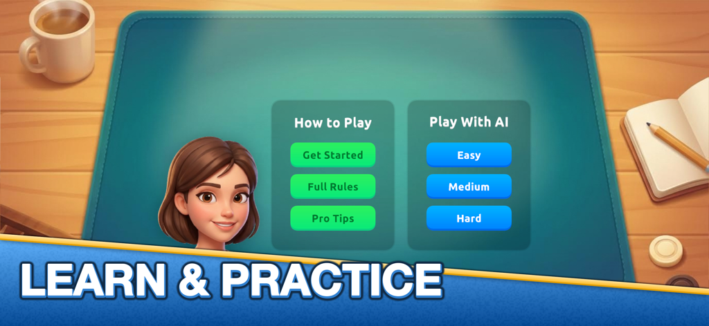 Backgammon Mint Menü mit Tutorial-Optionen und KI-Übungsschwierigkeitsgraden