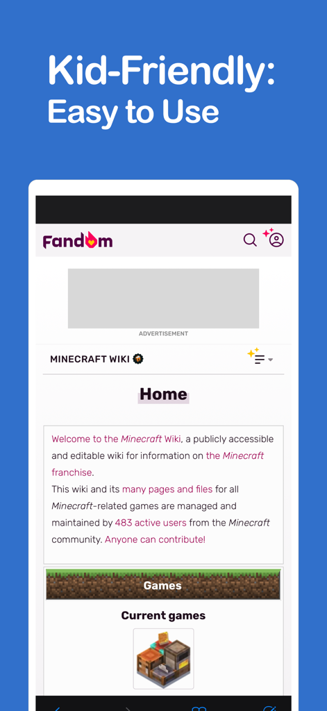 Kinder Browser App, die eine sichere und einfach zu bedienende Weboberfläche zeigt, mit der Kinder das Minecraft Wiki durchsuchen können