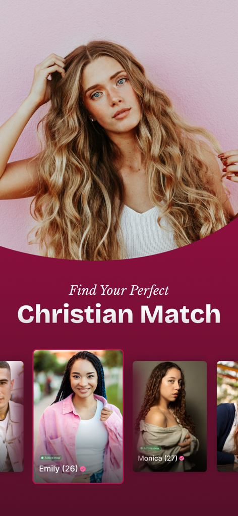 Faith - Christian singles - Faith Christian singles dating app interface showing user profiles and a call to find your perfect match