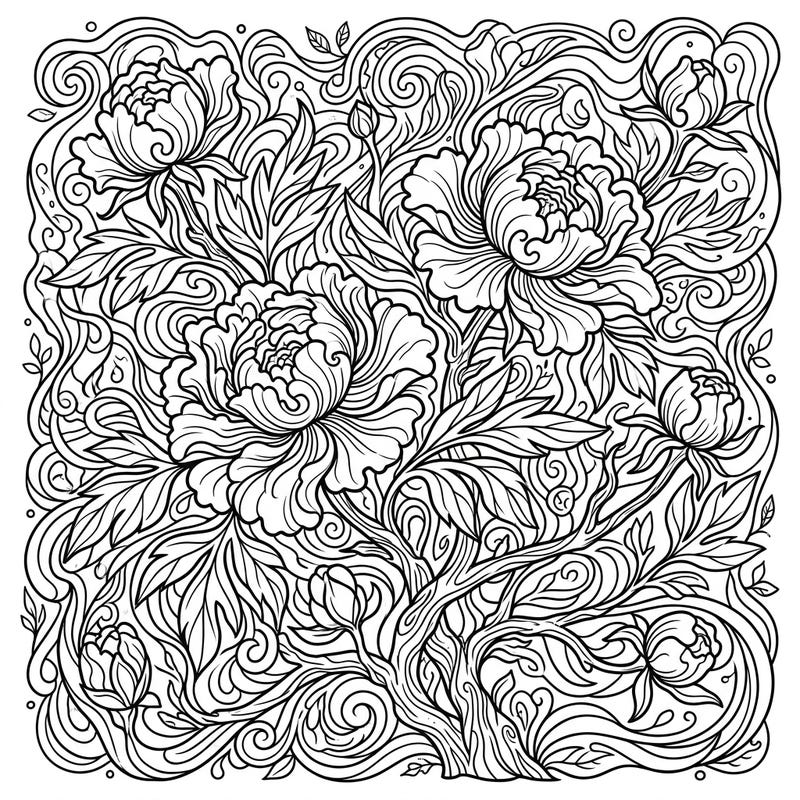 Immerse yourself in a vibrant, swirling dream with our unique Psychedelic Tree Peonies coloring page. This intricate design blends the opulence of tree peonies with mind-bending patterns for a truly captivating coloring experience.