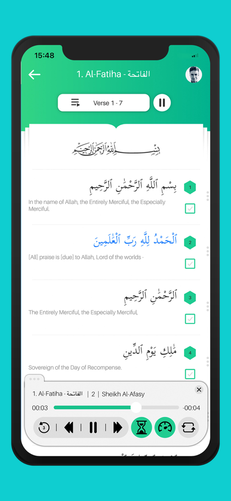 Memorize Easily | Muslim Pal® - Muslim Pal app interface showing Sura Al-Fatiha with Arabic verses English translations and audio playback controls