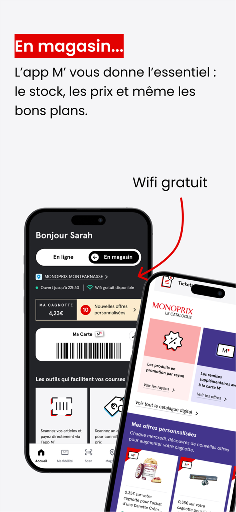 M' Monoprix - Un'interfaccia di app mobile per M Monoprix che mostra strumenti in negozio come una tessera fedeltà digitale, scanner di prezzi e checkout "scan and go".