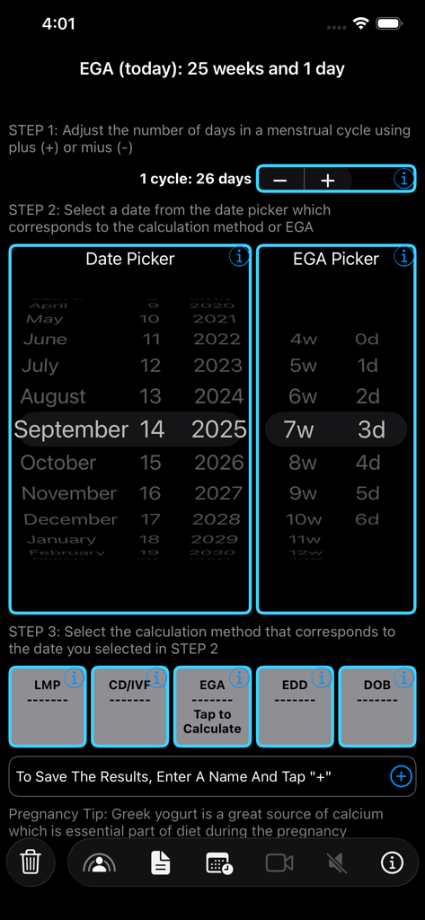 iFetal Pro +2 - Interface of the iFetal Pro +2 app showing the multi-step pregnancy calculation process with a date and EGA picker.