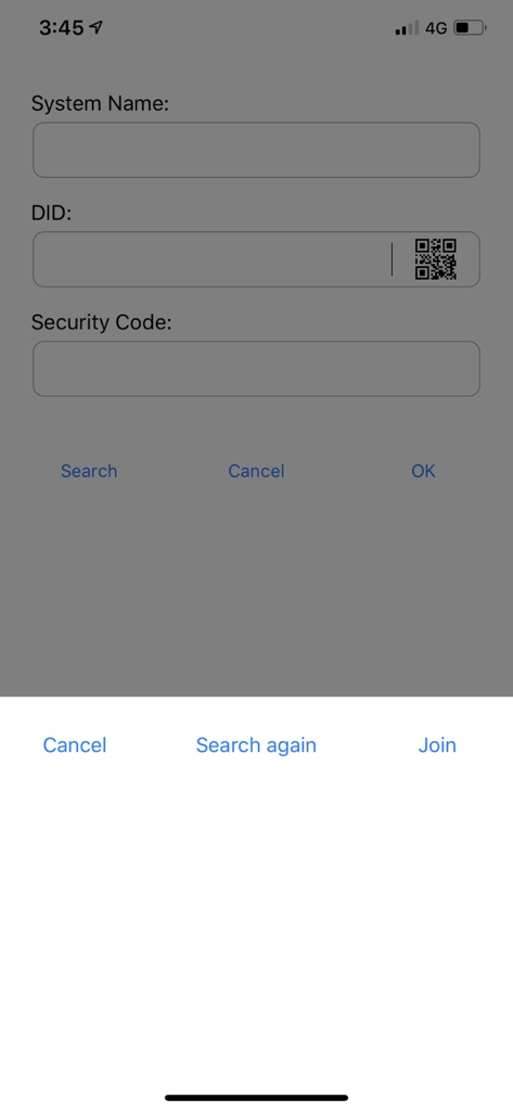 OMGuard HD mobile app camera connection interface with system name DID and security code input fields