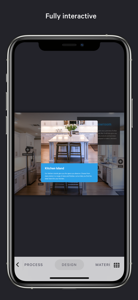 Ingage mobile app showing a fully interactive kitchen design presentation with clickable hotspots for different design features