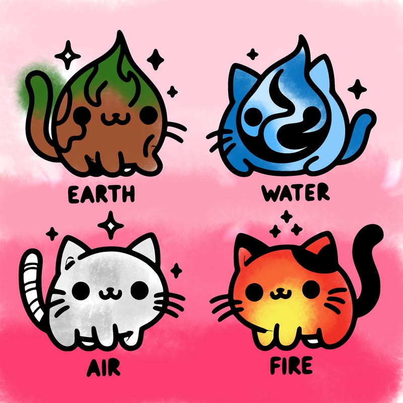 4 cats that represent the different elements, earth, water, air, and fire