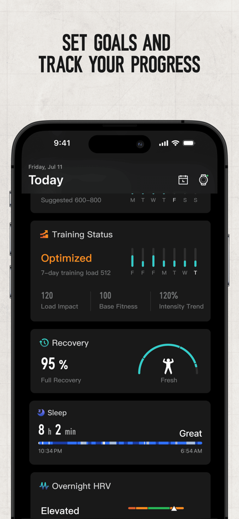 Écran de l'application COROS affichant le statut d'entraînement, la récupération et le suivi du sommeil