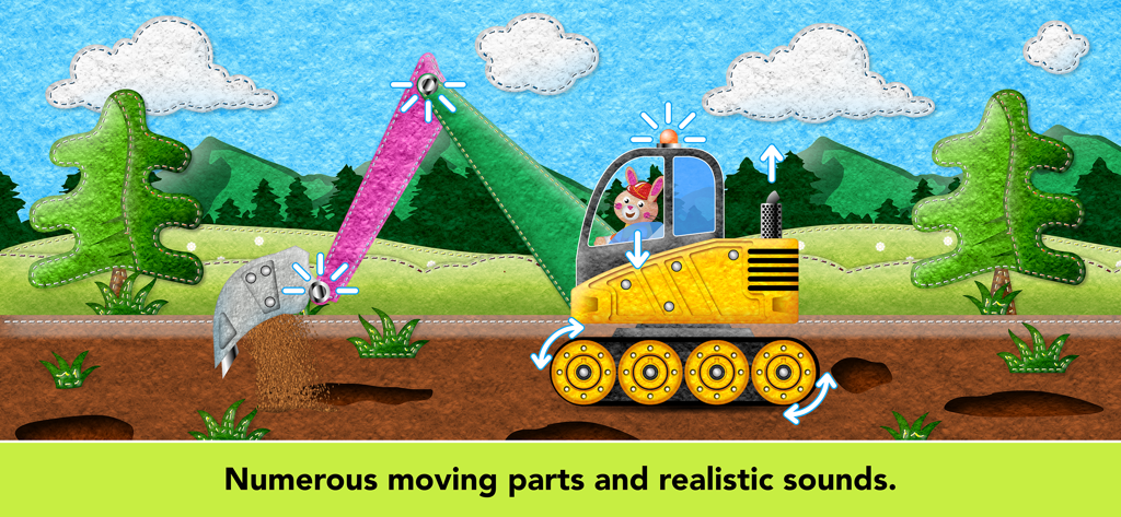 Un coniglio stilizzato che guida un escavatore giallo con frecce interattive in un gioco educativo per la scuola materna