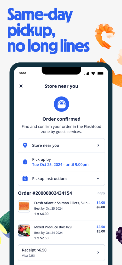 Flashfood - Grocery deals - Bestellbestätigungsbildschirm der Flashfood-App mit vergünstigtem Lachs sowie Obst und Gemüse zur Abholung am selben Tag.