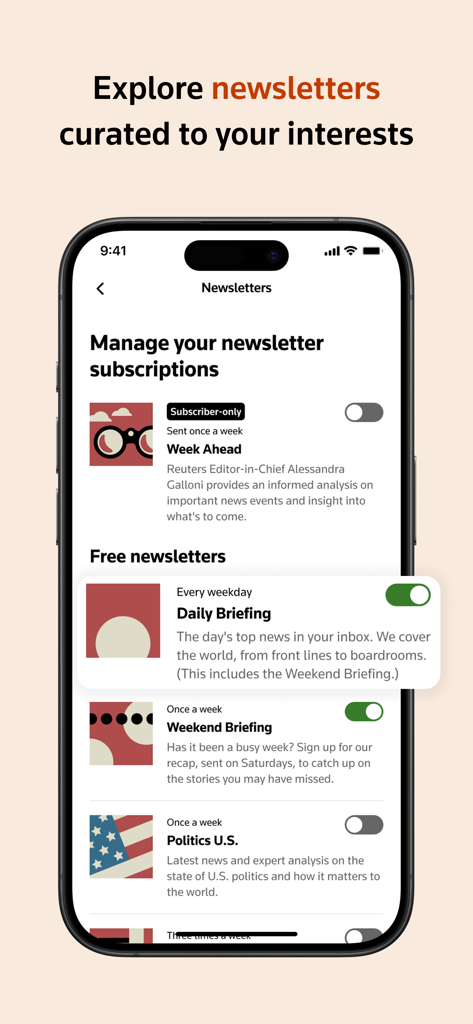 Reuters app screen showing various news and market newsletter subscription options