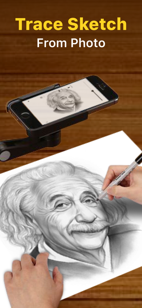 Ar Sketch Tracing Projector - A smartphone on a stand projecting a portrait for manual tracing onto paper with a pen