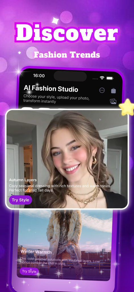 Hunee app interface showing the AI Fashion Studio with Autumn Layers and Winter Warmth style options
