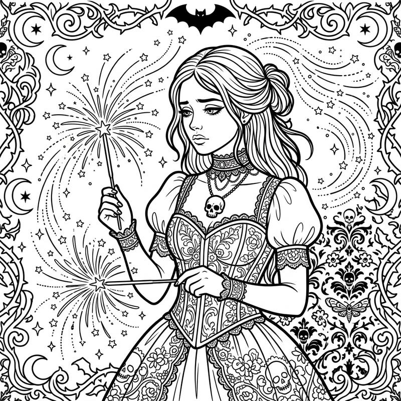 Dive into a unique blend of summer nights and gothic mystery with this captivating coloring page featuring a sparkler-wielding figure. Perfect for those who love intricate details and a touch of dark fantasy.