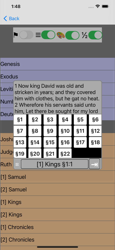 La Bible(Louis Segond 1910) - Verse selection popup and book navigation menu within the Louis Segond 1910 French Bible app