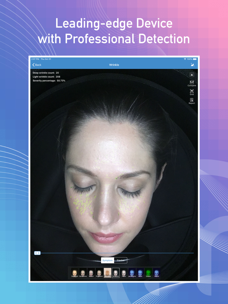 Meicet - Meicet app displaying a professional skin wrinkle analysis report with deep and light wrinkle counts on an iPad screen