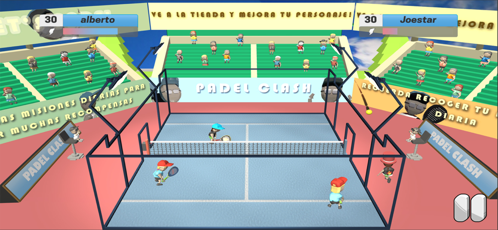 Jugabilidad de Padel Clash mostrando personajes jugando un partido de dobles en una pista 3D con espectadores