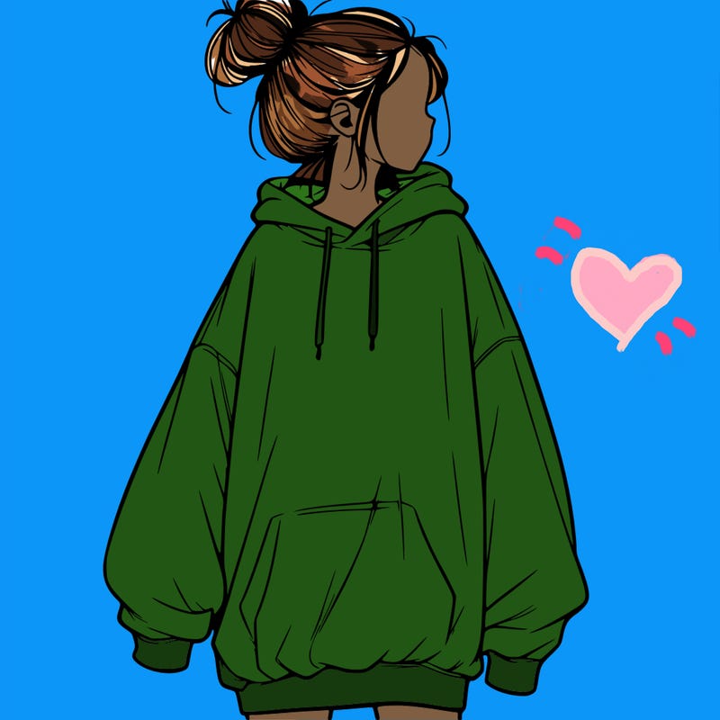 realistic girl with a oversized sweatshirt on and a bun