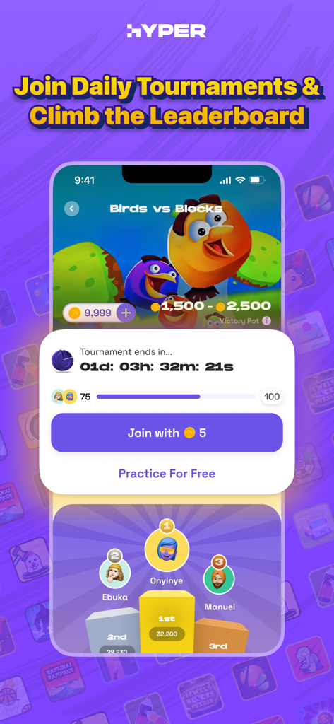 Mobile app interface for Hyper showing daily game tournaments and a competitive player leaderboard.