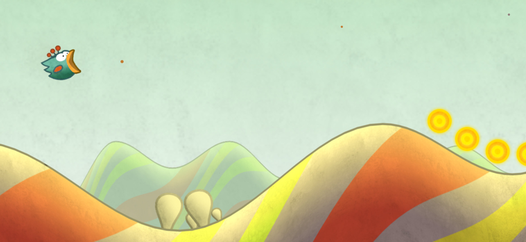Tiny Wings - A small bird flying over colorful hand-drawn hills in the game Tiny Wings