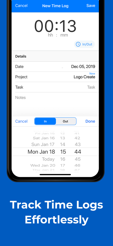 Écran d'application mobile montrant la fonction de suivi du temps pour la facturation des heures de projet