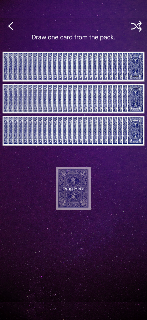 User interface for drawing a daily tarot card from a virtual deck on a starry background