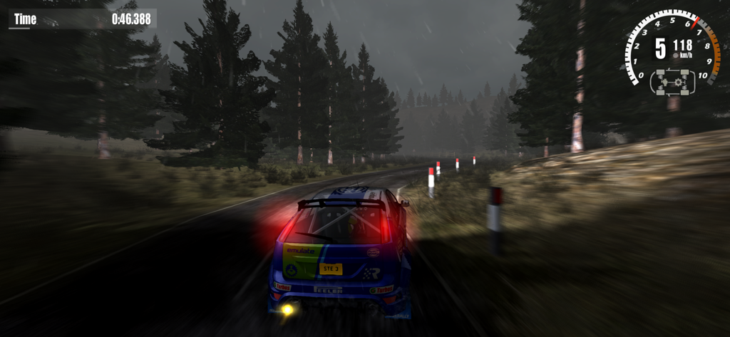 A blue rally car racing on a dark forest road at night in Rush Rally 3.
