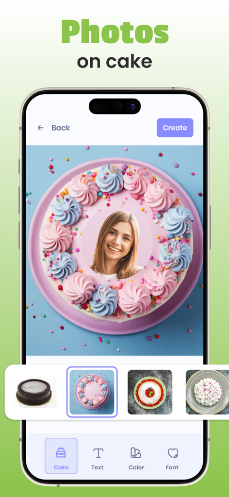 Video Maker Birthday Slideshow - アプリのインターフェース内で、女性のパーソナライズされた写真が中央にあるピンクの誕生日ケーキ