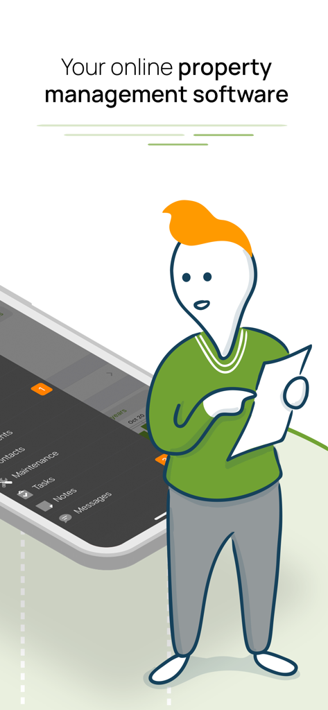 Illustration of a landlord holding a document next to a smartphone displaying the Rentila property management app interface