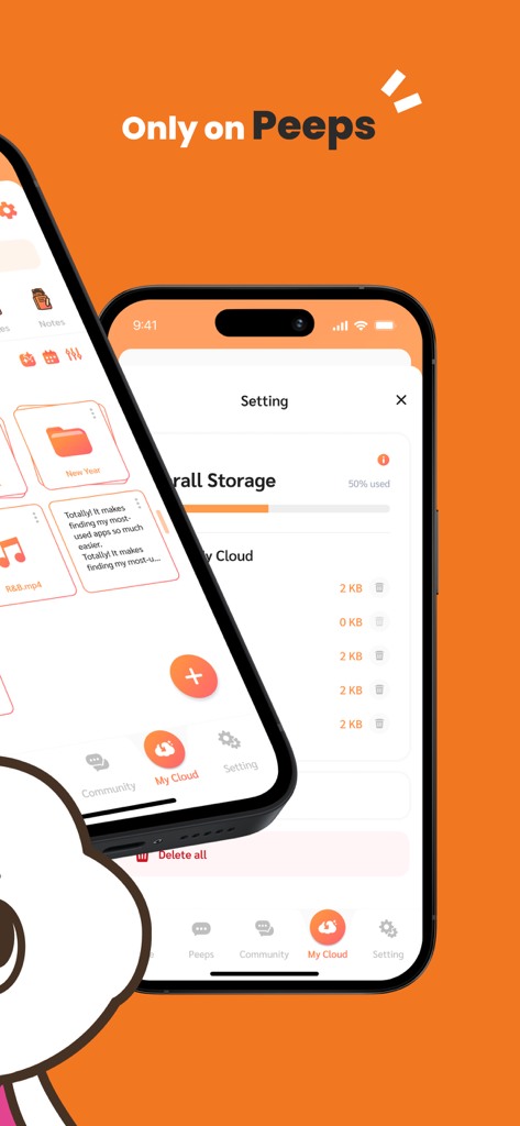 Interfaccia dell'app Peep Share che mostra la gestione dell'archiviazione cloud e lo stato di archiviazione dei file