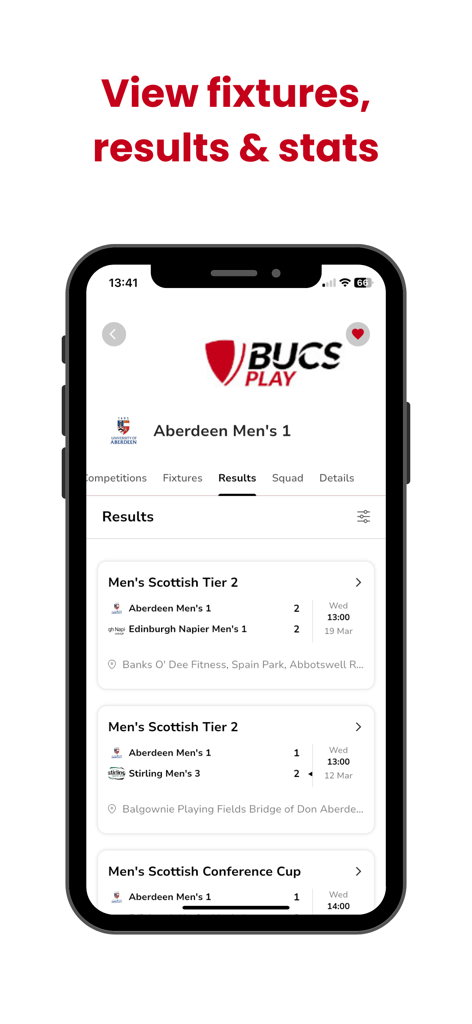 Screenshot of the BUCS Play app displaying university sports fixtures and results for a mens team