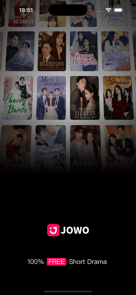 JOWO app interface displaying a library of short romantic dramas and movies
