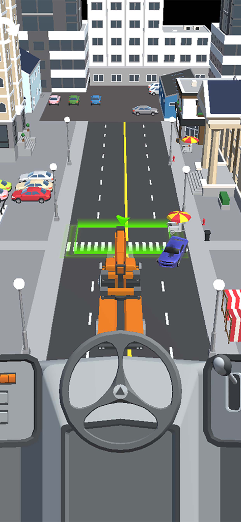 First-person cockpit view of a heavy vehicle driving through a 3D city street in Car Drive 3D Vehicle Masters