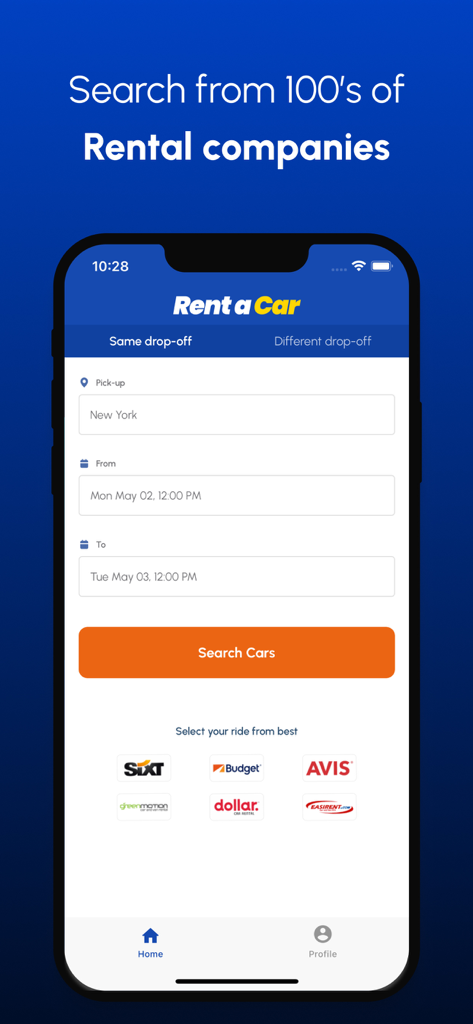Mobile app interface for the Rent a Car app showing a search form for New York with various car rental company logos.
