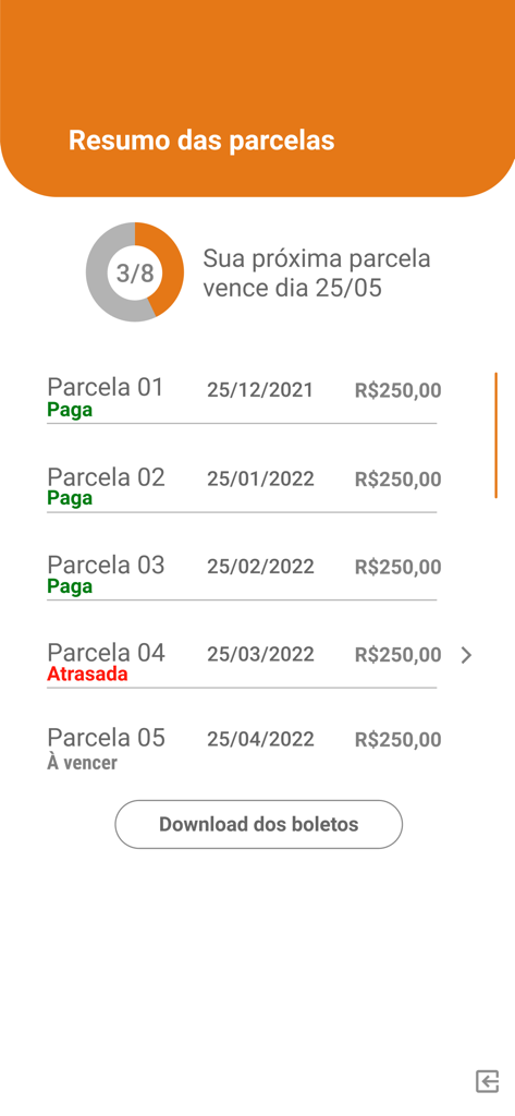 Meu Crefaz - Captura de tela do aplicativo Meu Crefaz mostrando um resumo das parcelas do empréstimo, incluindo status de pago e em atraso.