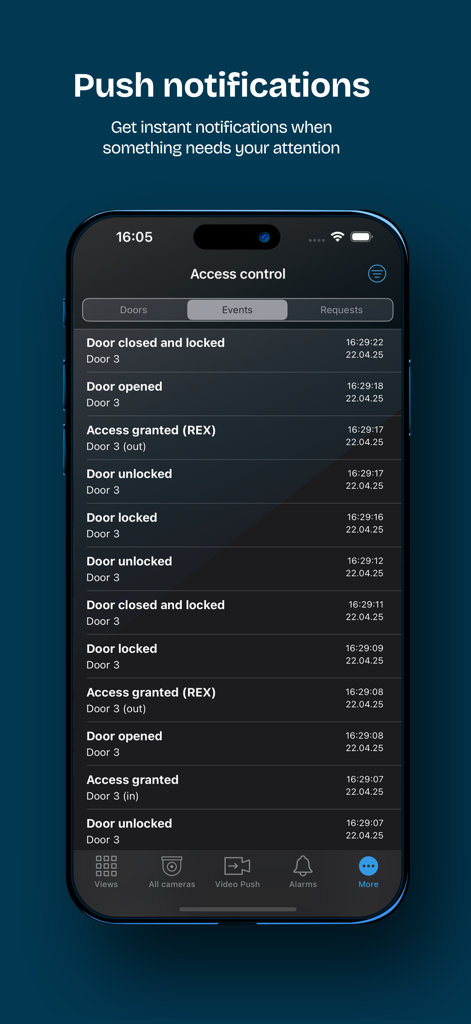 Application XProtect Mobile montrant les notifications push pour les événements de contrôle d'accès de sécurité en temps réel